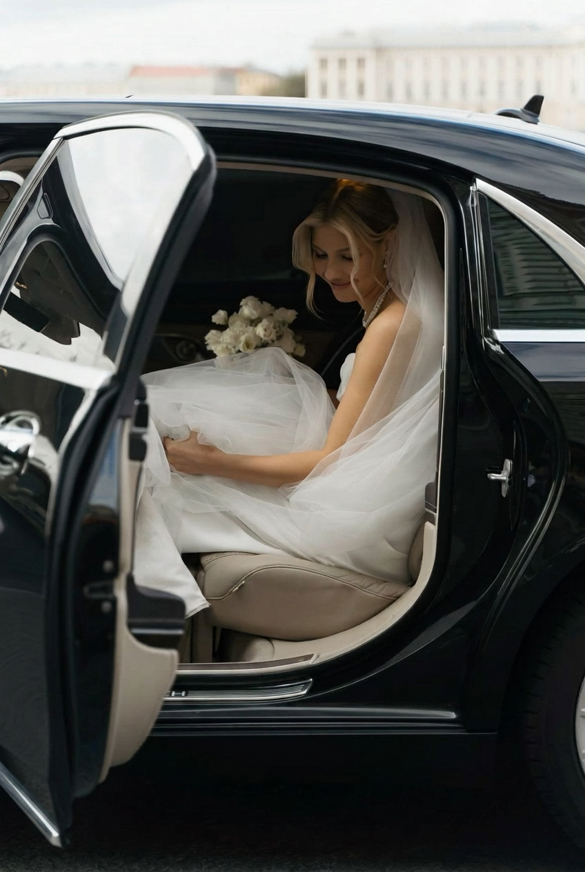 Chauffeur driven car for a London wedding, with a chauffeur opening the rear door