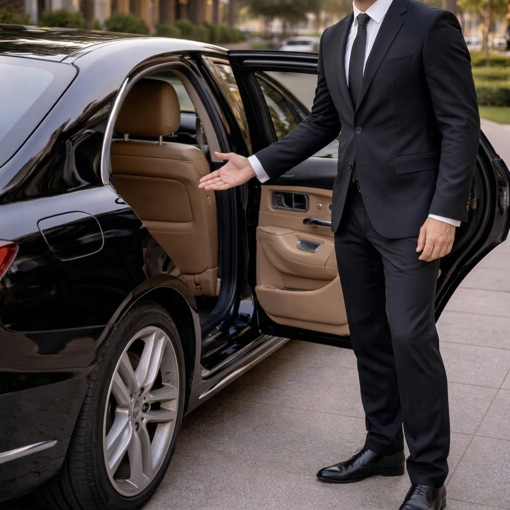 Mercedes-Benz chauffeur opening the door for a wedding couple